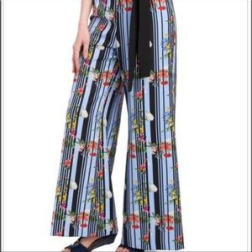 Lena Gabrielle Palazzo Pants Size 6 Wide Leg Belt Blue w Stripes Floral Stretch
